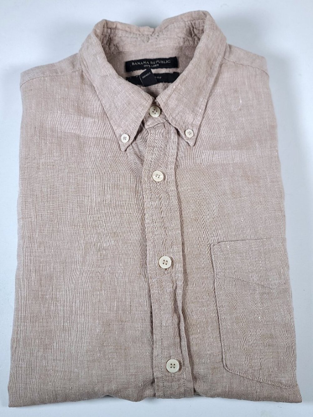 banana republic 100% linen shirt mens m beige standard fit button short sleeve